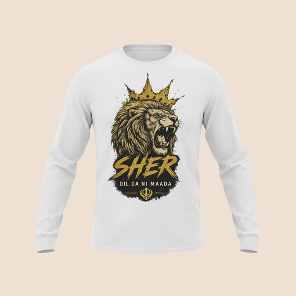 PUNJAB BOLDA white long sleeve cotton shirt featuring a gold lion graphic with a crown and Sher text print.