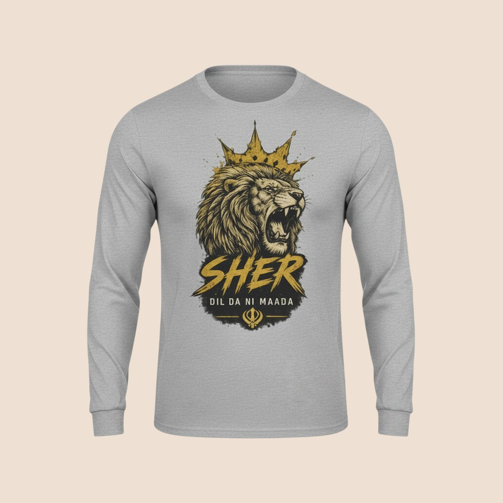 PUNJAB BOLDA grey long sleeve shirt with a graphic of a roaring lion wearing a crown and the text SHER.
