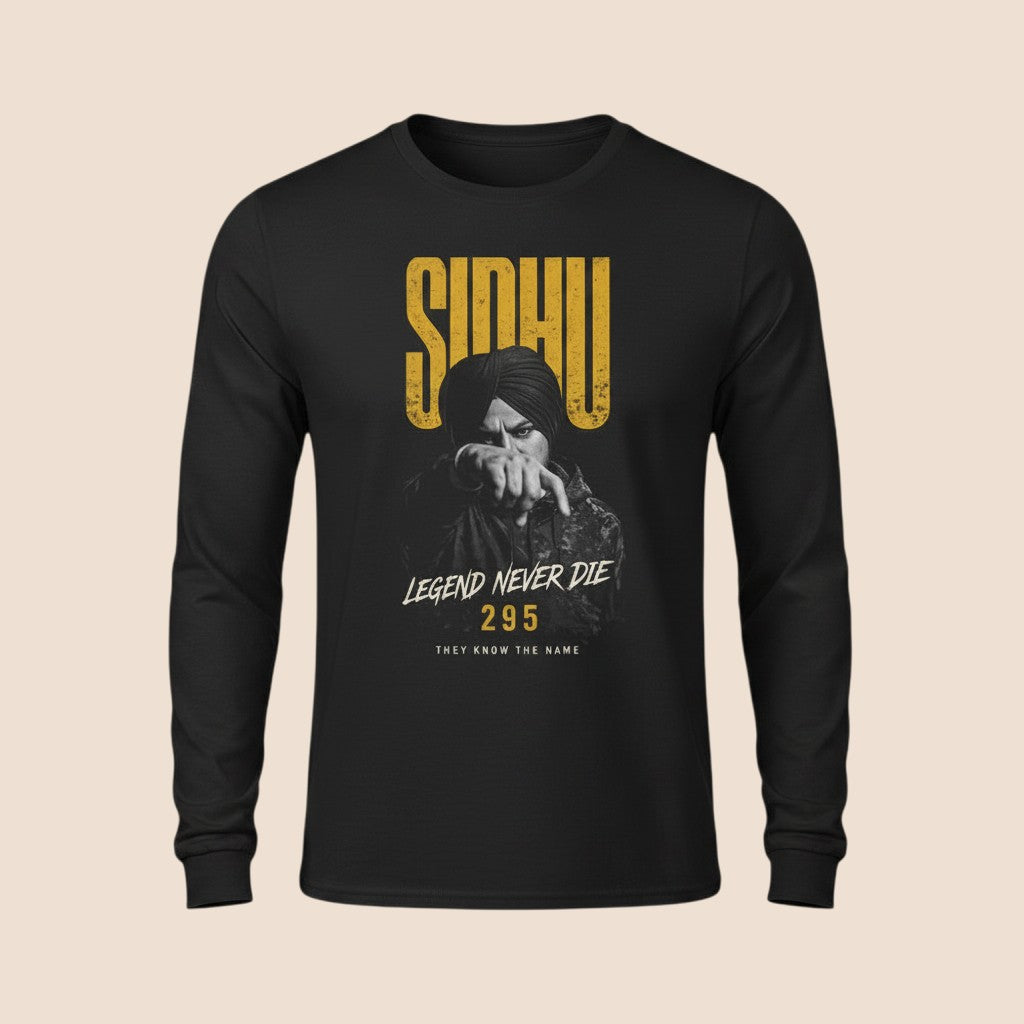 PUNJAB BOLDA black long sleeve cotton shirt featuring a Sidhu Moose Wala graphic with yellow text and 295 design.