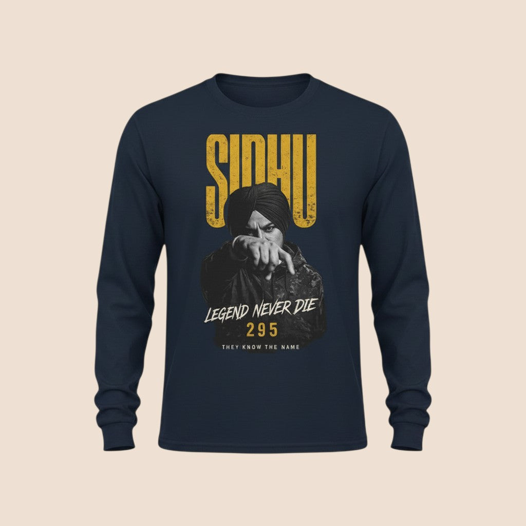 PUNJAB BOLDA navy long sleeve cotton shirt featuring a graphic print of Sidhu Moose Wala with 295 legend never die.
