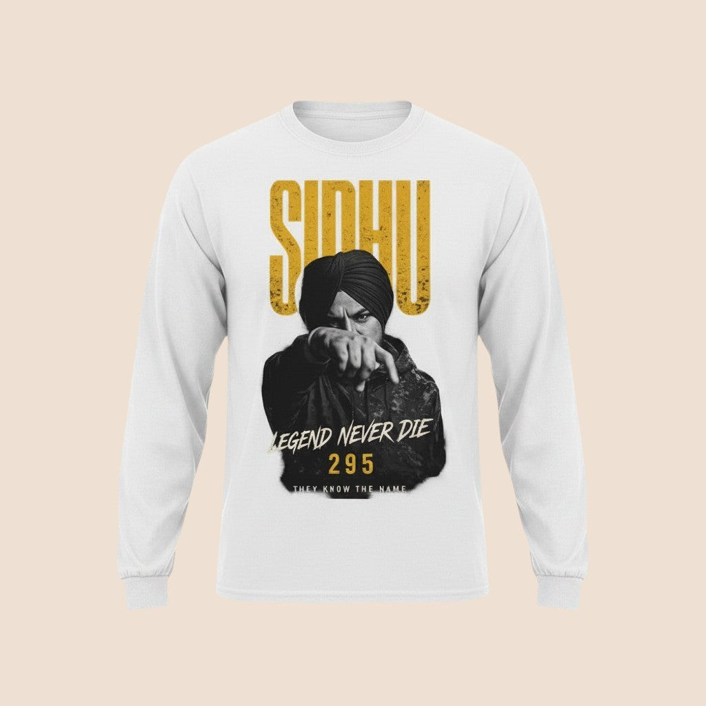 PUNJAB BOLDA white long sleeve cotton shirt featuring a graphic print of Sidhu Moose Wala with 295 text.