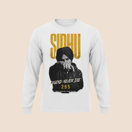 PUNJAB BOLDA white long sleeve cotton shirt featuring a graphic print of Sidhu Moose Wala with 295 text.