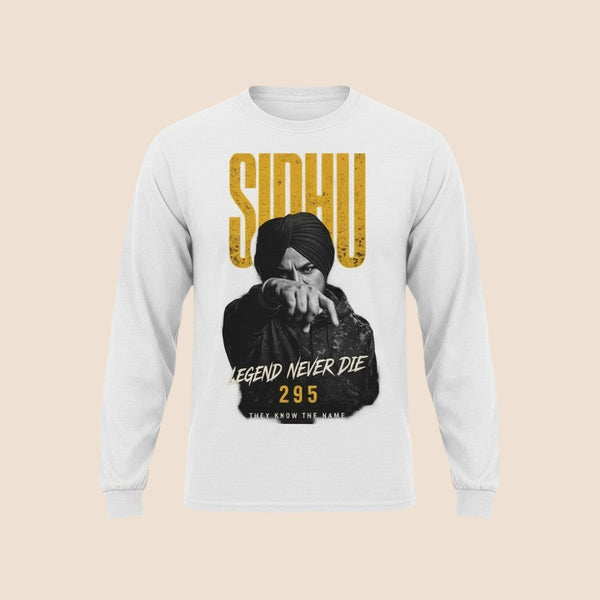 PUNJAB BOLDA white long sleeve cotton shirt featuring a graphic print of Sidhu Moose Wala with 295 text.