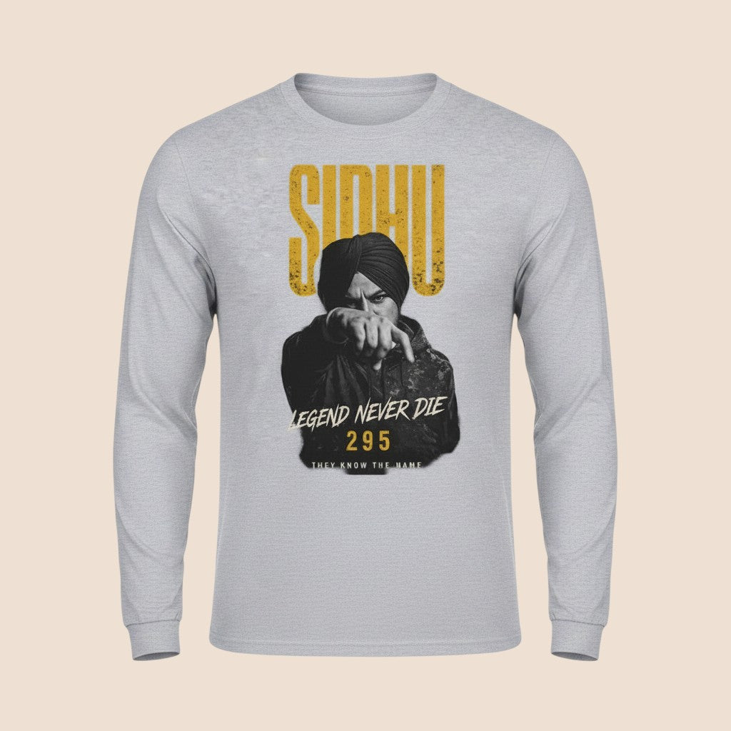 PUNJAB BOLDA grey long sleeve cotton shirt featuring a graphic print of Sidhu Moose Wala with 295 legend text.