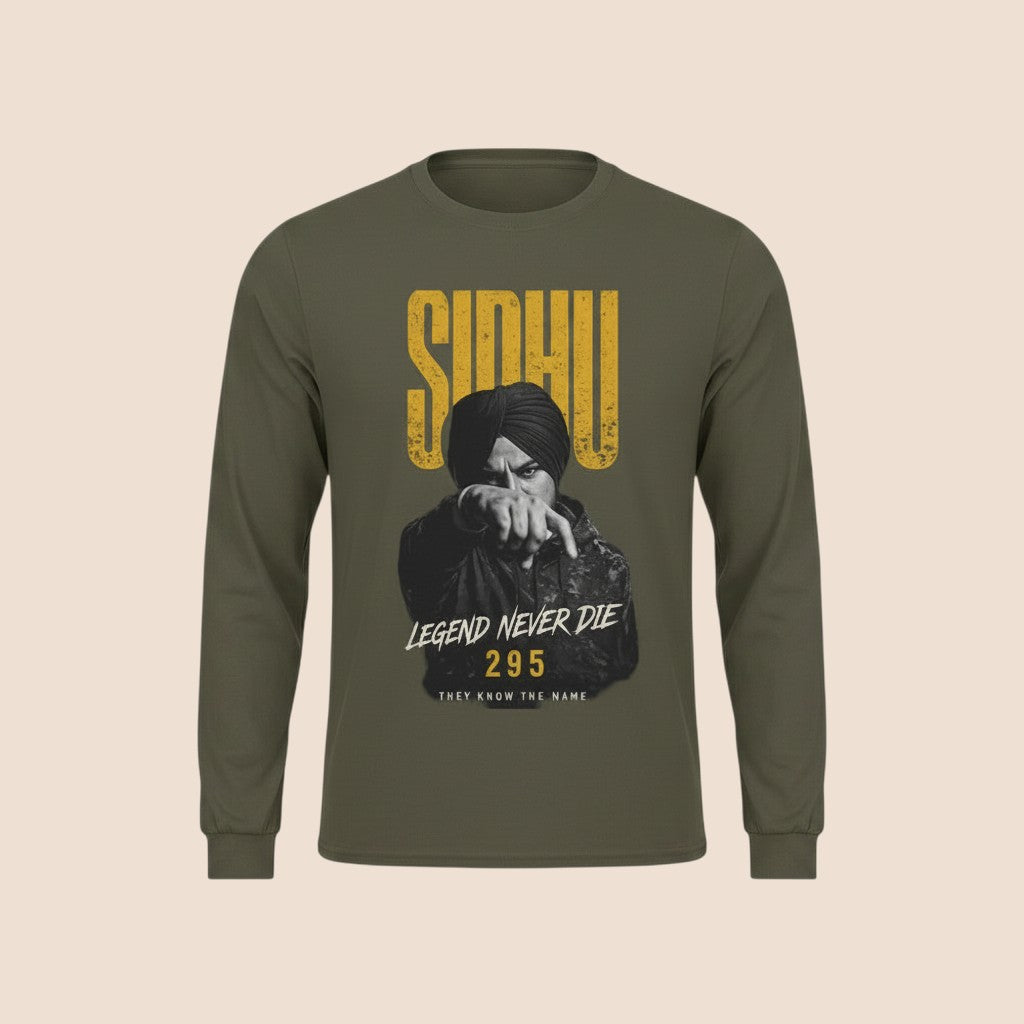 PUNJAB BOLDA olive green long sleeve cotton shirt featuring a graphic print of Sidhu Moose Wala and 295 text.