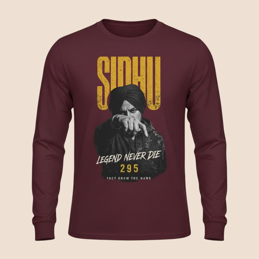 PUNJAB BOLDA maroon long sleeve cotton shirt featuring a graphic print of Sidhu Moose Wala with text 295.