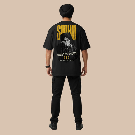 PUNJAB BOLDA black oversized t-shirt with Sidhu graphic print and "Legend Never Die" text. 100% organic cotton.