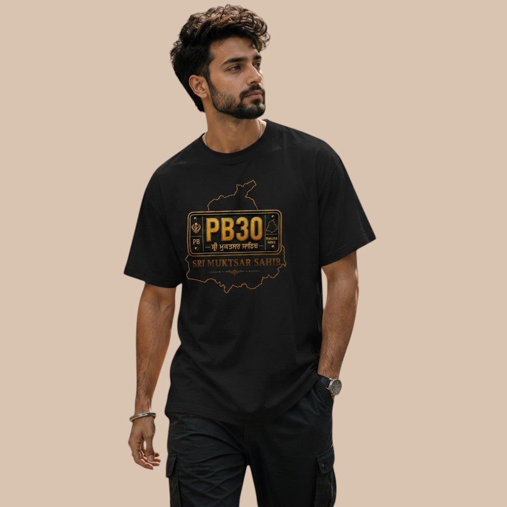 PUNJAB BOLDA black unisex classic tee with gold Sri Muktsar Sahib district map and license plate graphic.