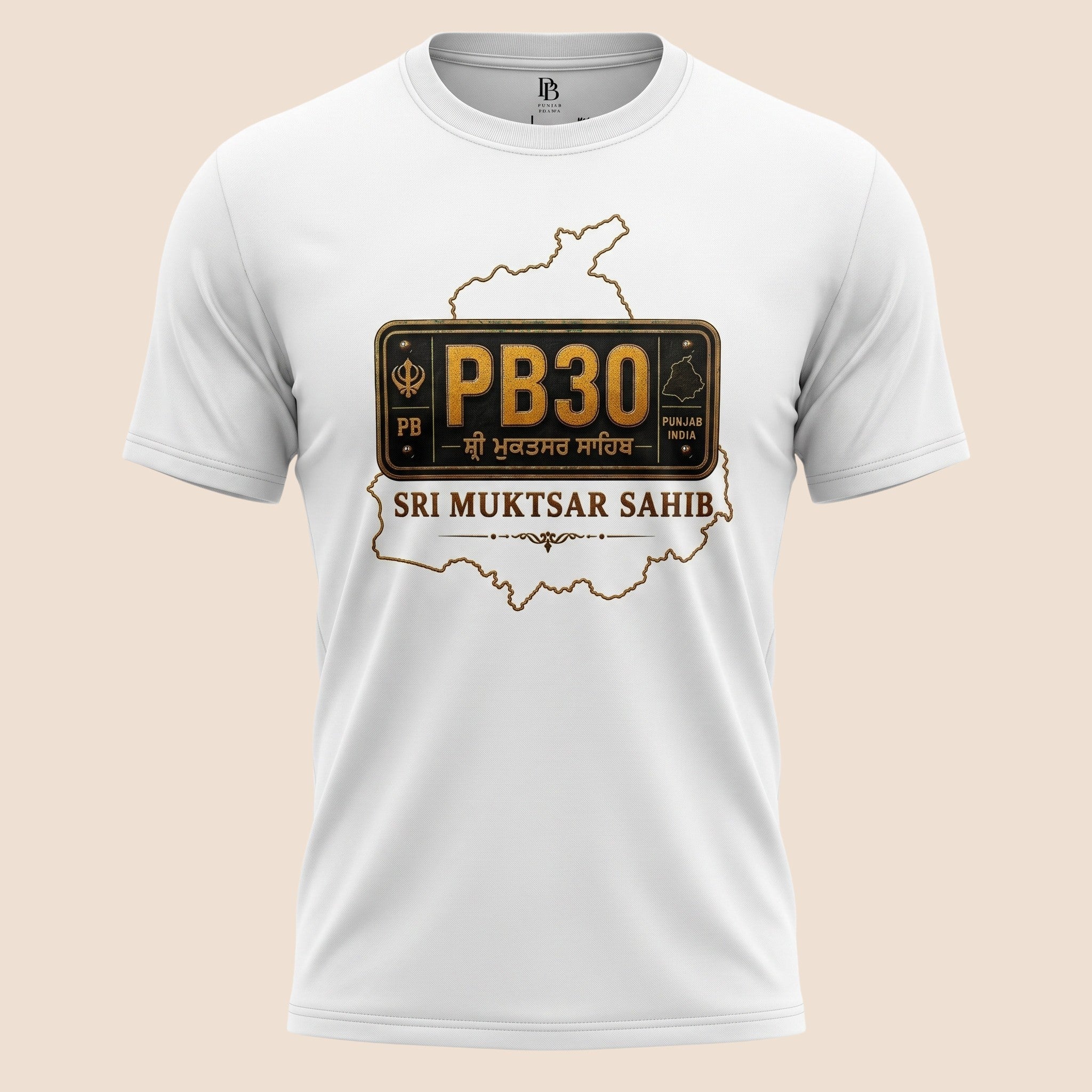 PUNJAB BOLDA white unisex classic tee featuring a Sri Muktsar Sahib PB30 district license plate graphic design.