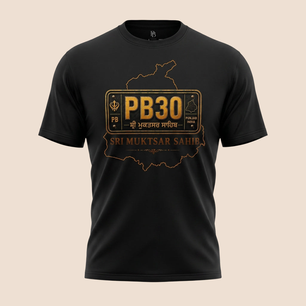 PUNJAB BOLDA black unisex classic tee featuring a gold Sri Muktsar Sahib district graphic and PB30 license plate design