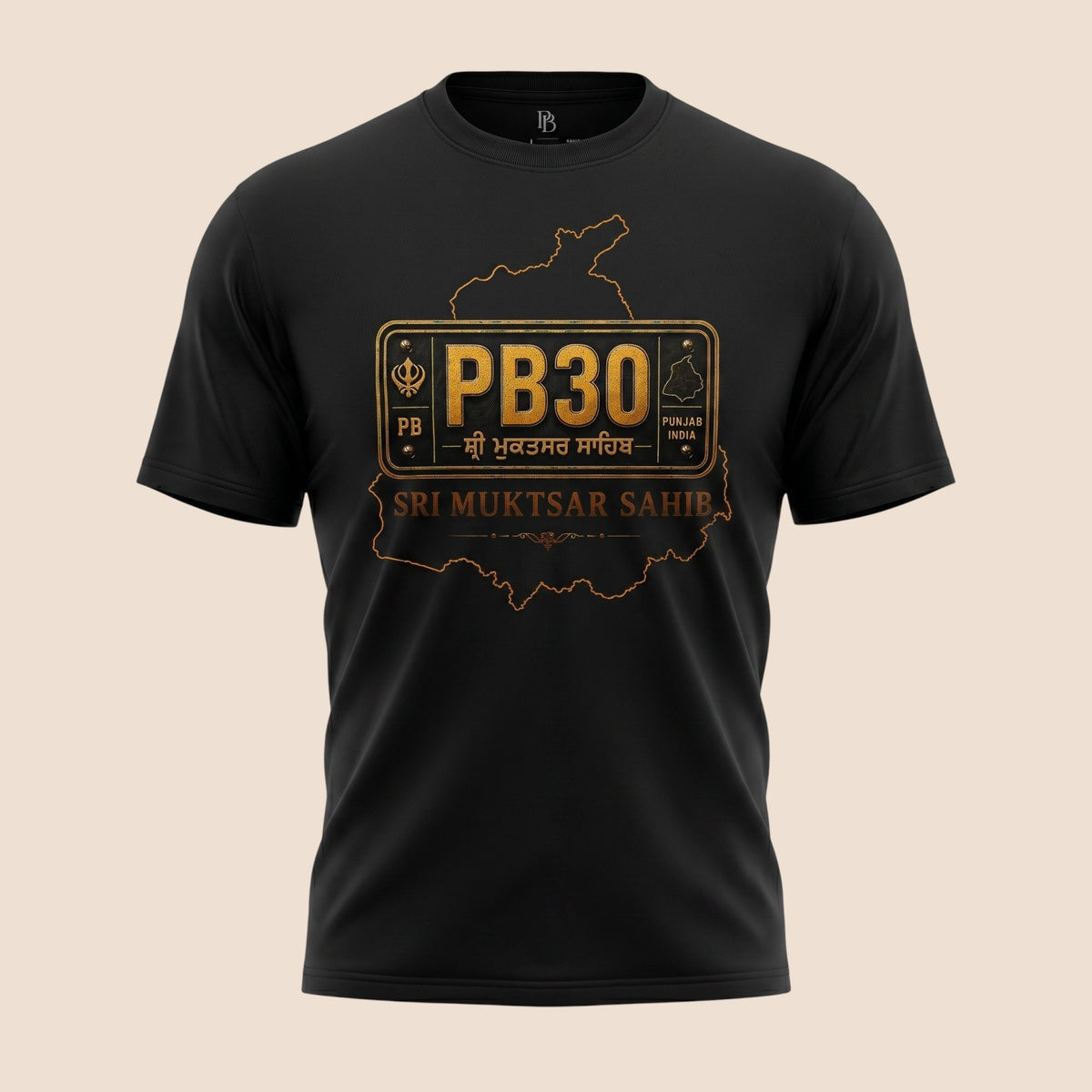 PUNJAB BOLDA black unisex classic tee featuring a gold Sri Muktsar Sahib district graphic and PB30 license plate design