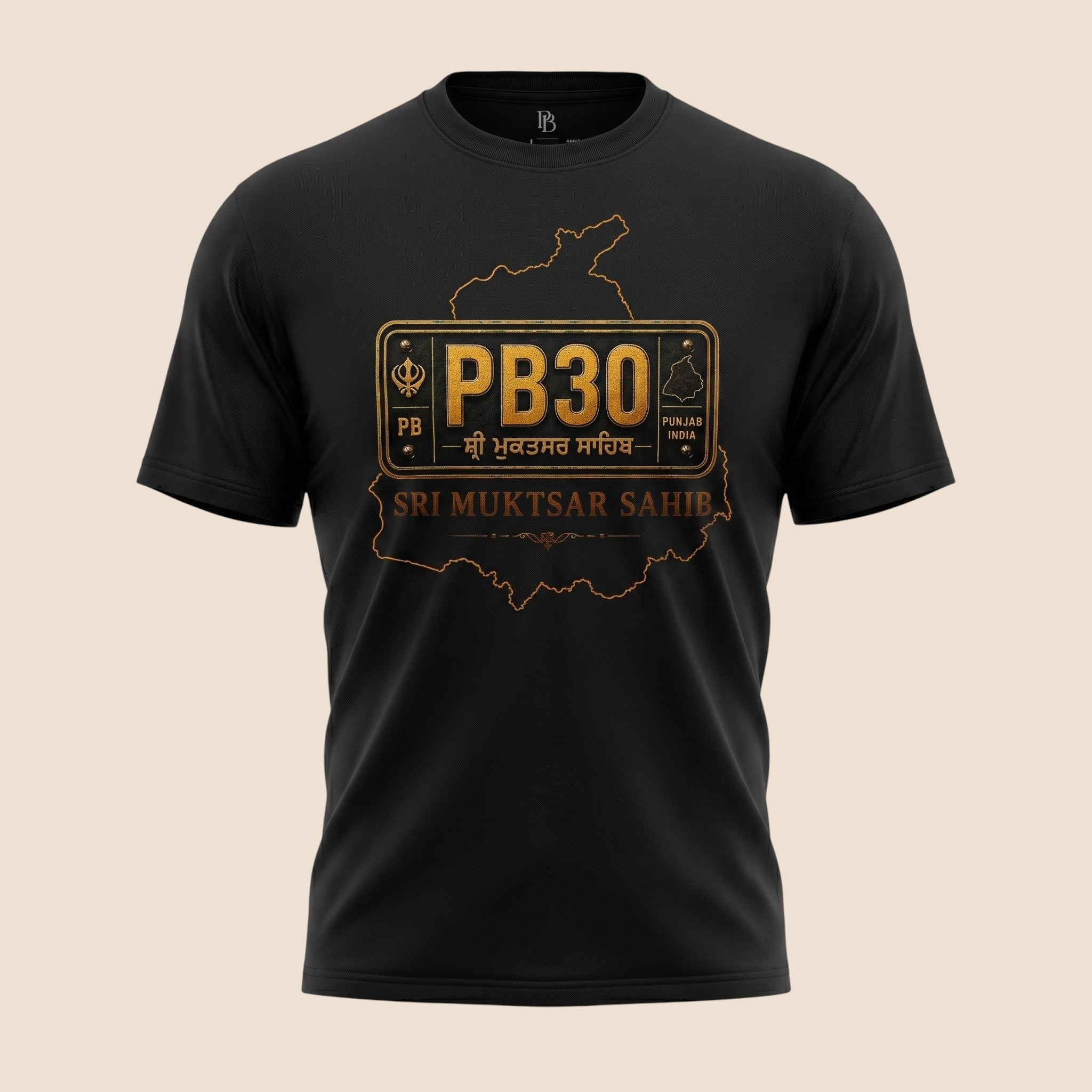 PUNJAB BOLDA black unisex classic tee featuring a gold Sri Muktsar Sahib district graphic and PB30 license plate design