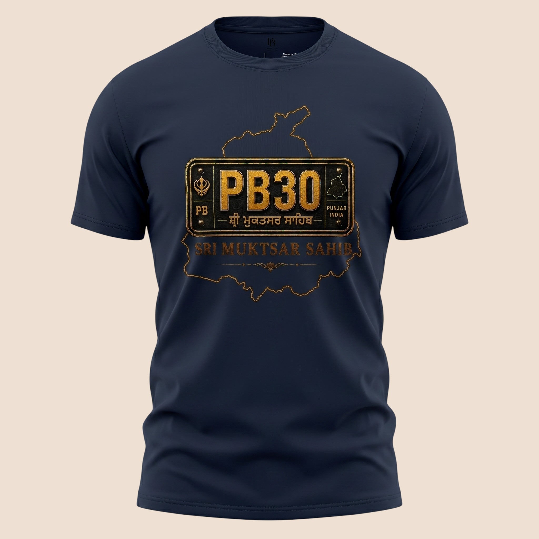 PUNJAB BOLDA navy blue unisex classic tee featuring a gold Sri Muktsar Sahib PB30 district graphic print.