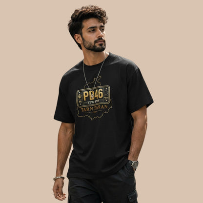 PUNJAB BOLDA black cotton unisex classic tee with Tarn Taran district map graphic and PB46 license plate design.