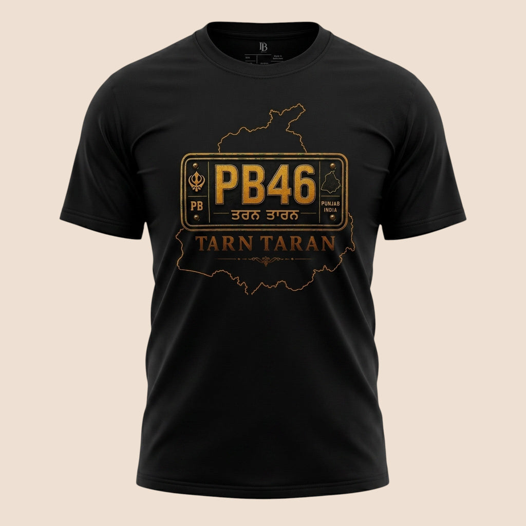 PUNJAB BOLDA black unisex classic tee featuring a gold PB46 Tarn Taran district license plate graphic design.