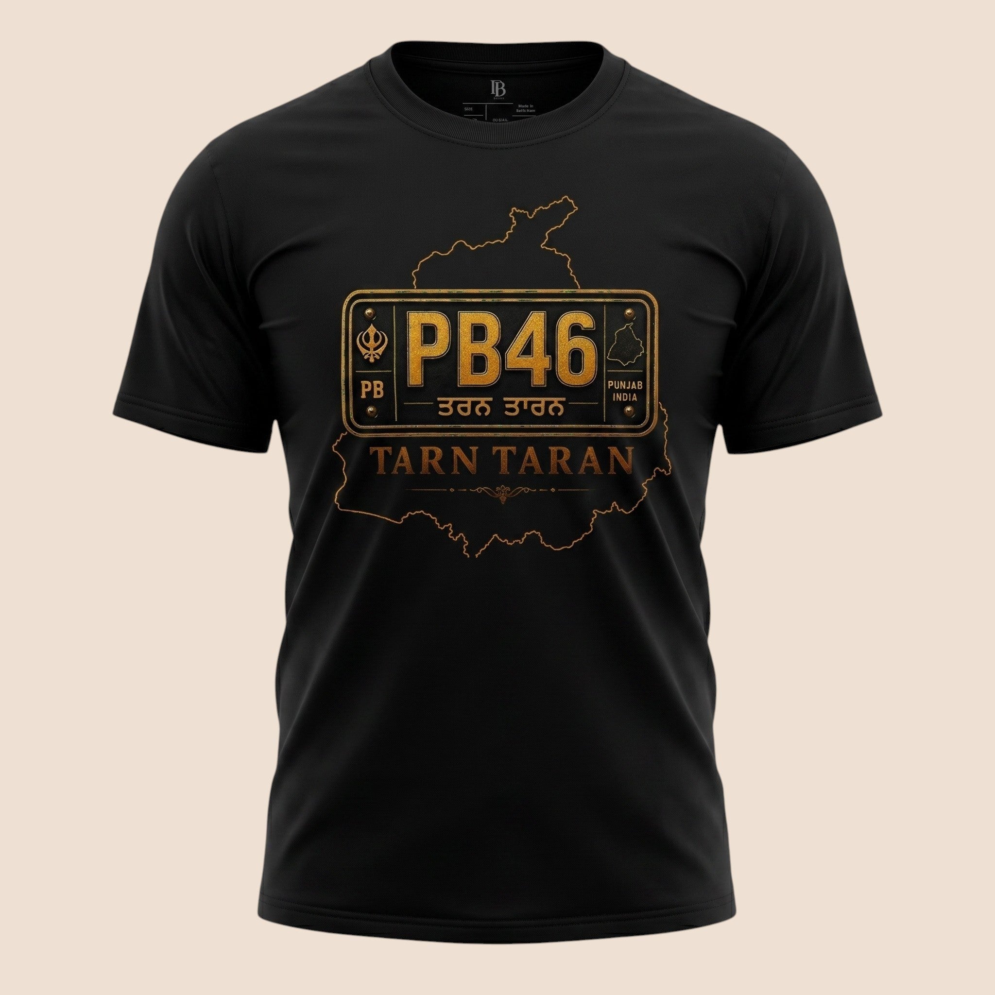PUNJAB BOLDA black unisex classic tee featuring a gold PB46 Tarn Taran district license plate graphic design.