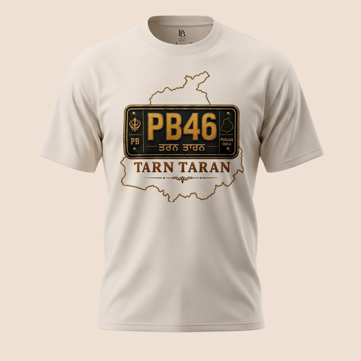 PUNJAB BOLDA beige unisex classic tee featuring a Tarn Taran district license plate graphic and Punjab map outline.