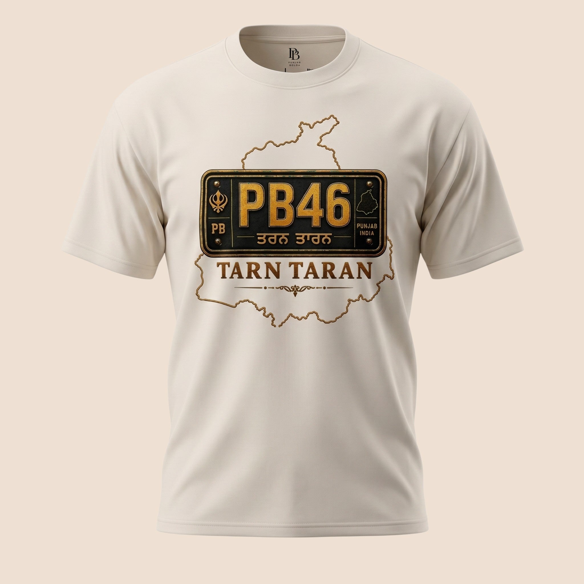 PUNJAB BOLDA beige unisex classic tee featuring a Tarn Taran district license plate graphic and Punjab map outline.