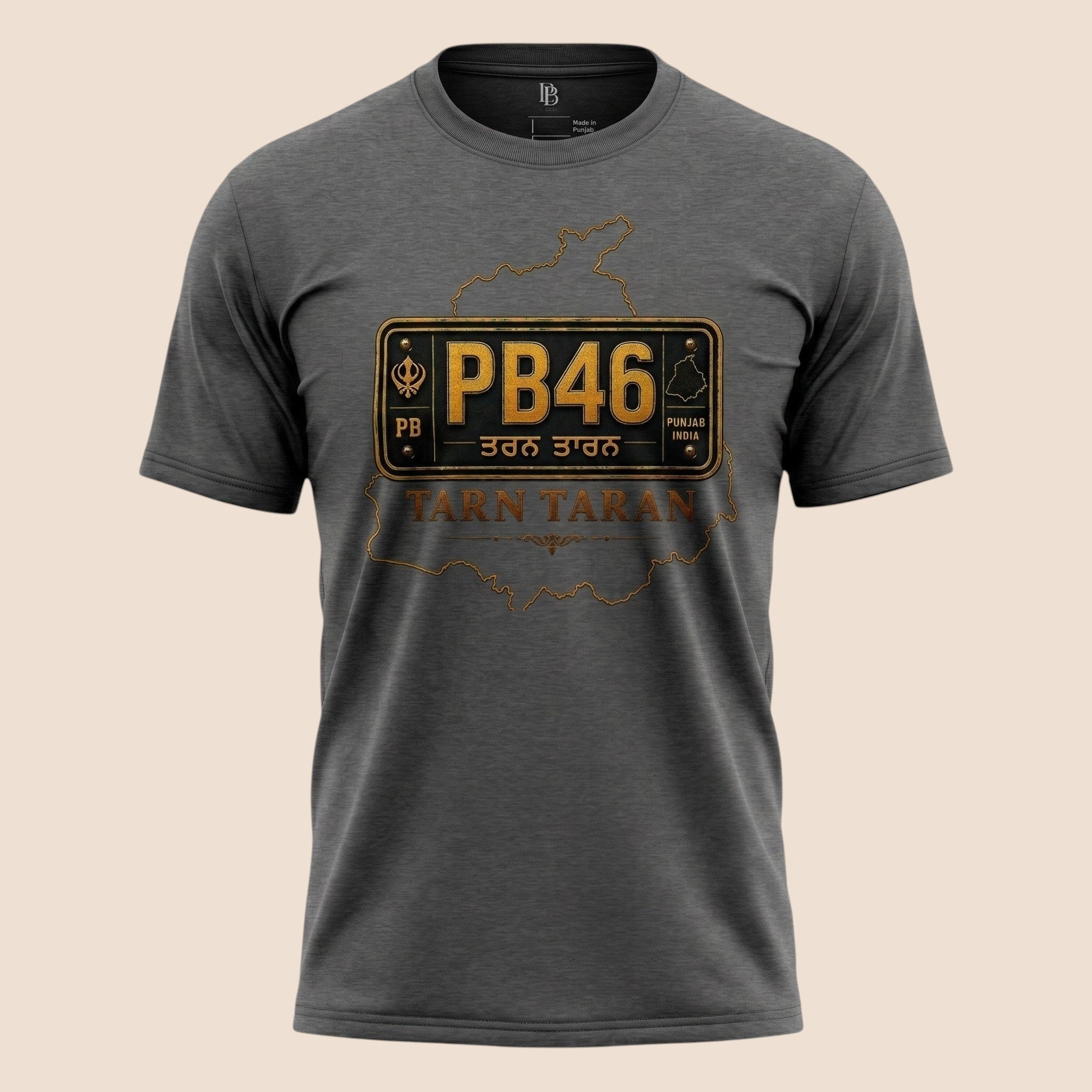 PUNJAB BOLDA charcoal grey unisex classic tee featuring a Tarn Taran district license plate graphic design.