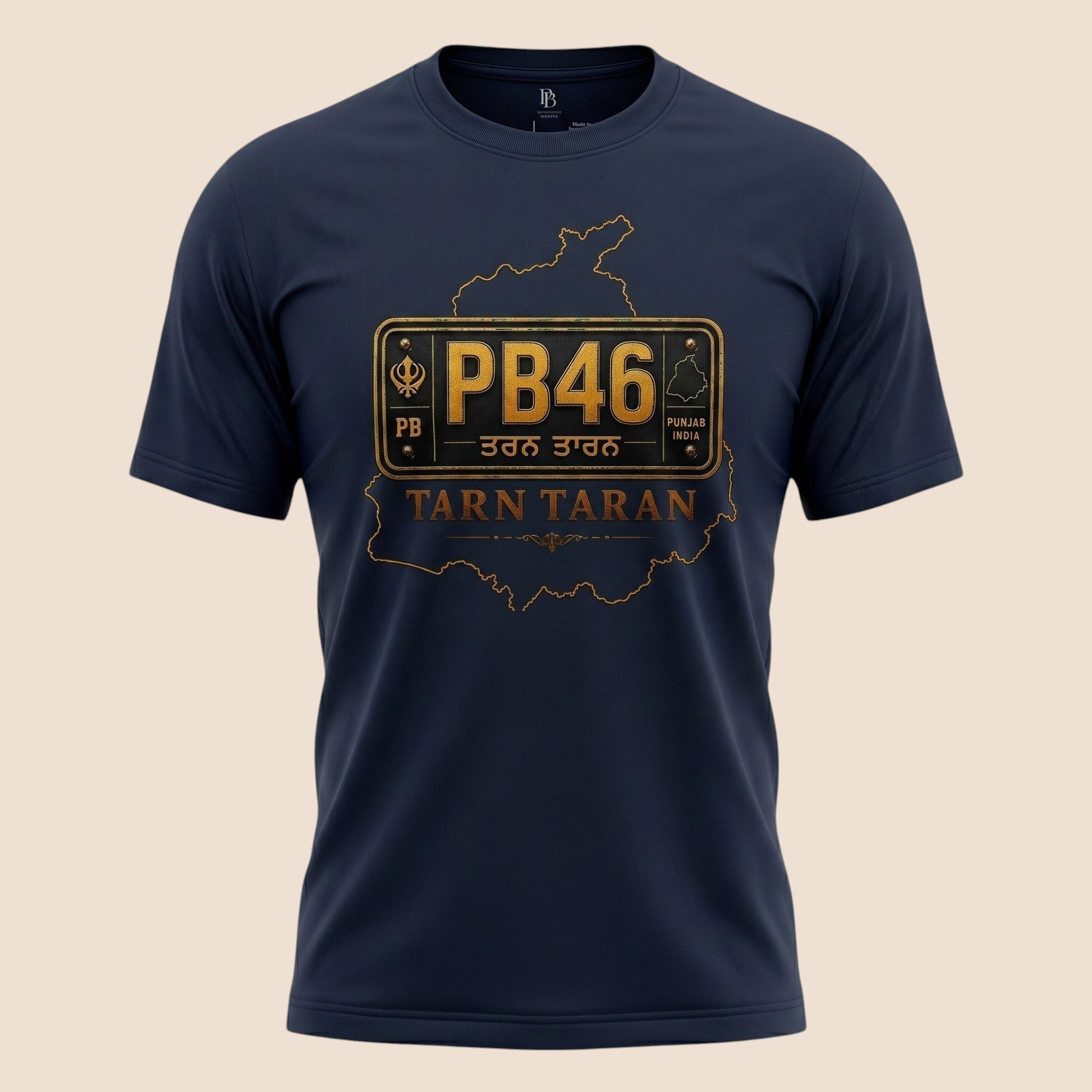 PUNJAB BOLDA navy blue unisex classic tee featuring a gold Tarn Taran district license plate graphic design.