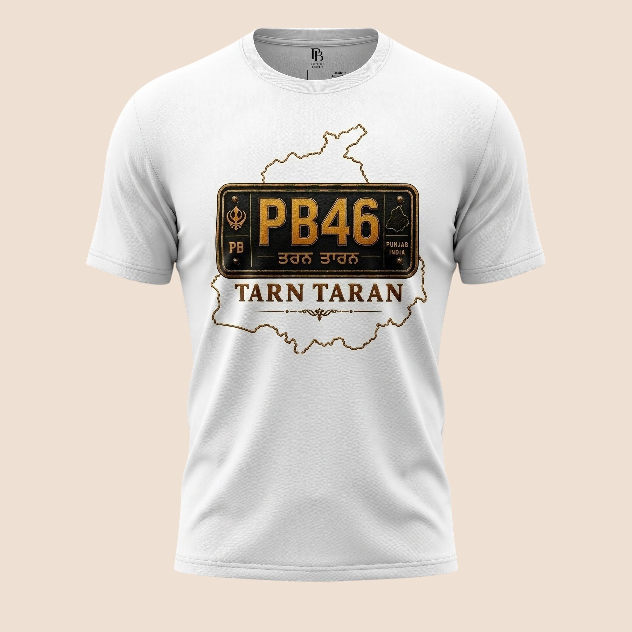 PUNJAB BOLDA white unisex classic tee featuring a Tarn Taran district license plate graphic and heritage design.