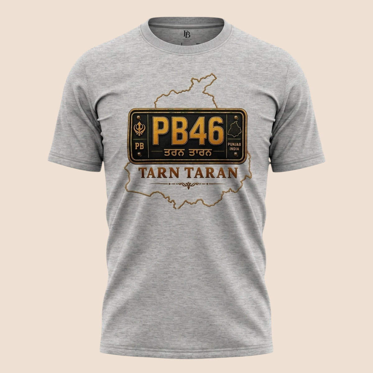 PUNJAB BOLDA grey unisex classic tee featuring a Tarn Taran district license plate graphic and heritage design.
