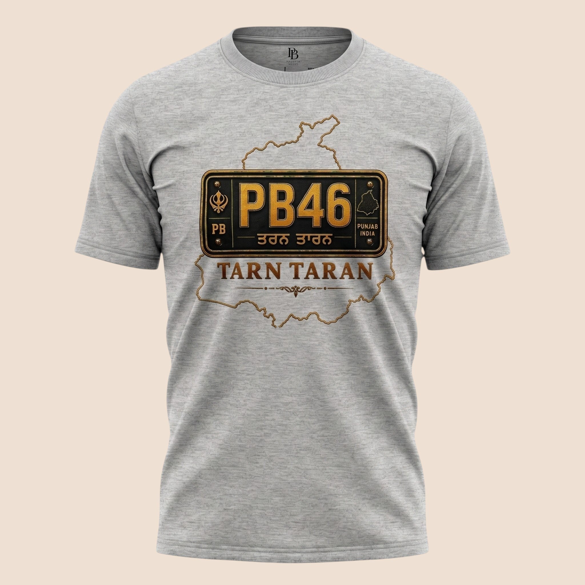 PUNJAB BOLDA grey unisex classic tee featuring a Tarn Taran district license plate graphic and heritage design.