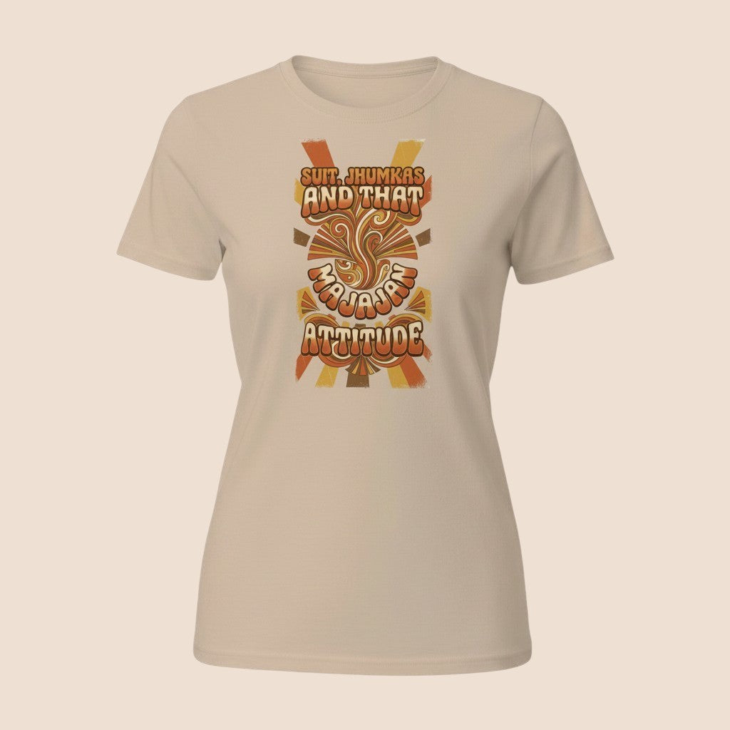 PUNJAB BOLDA unisex classic cotton tee in beige with retro-style graphic print featuring Suit Jhumkas Attitude text.