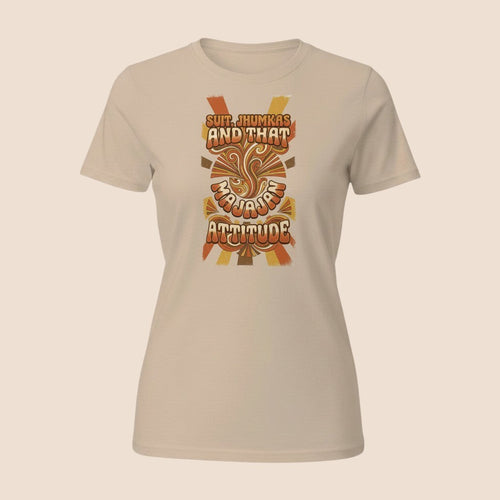 PUNJAB BOLDA unisex classic cotton tee in beige with retro-style graphic print featuring Suit Jhumkas Attitude text.