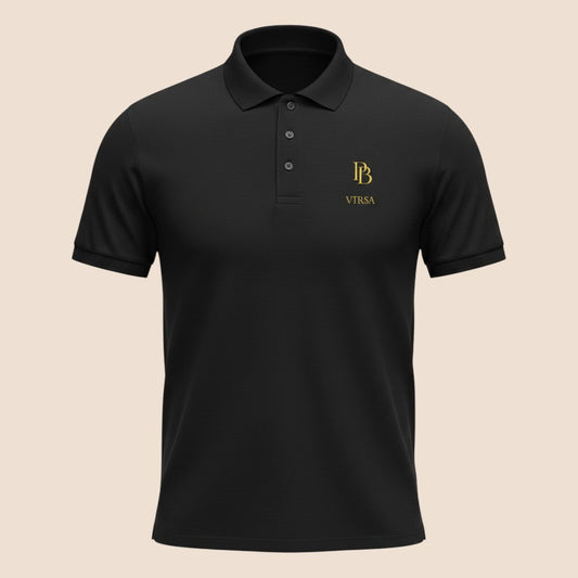 PUNJAB BOLDA VIRSA black cotton polo shirt with gold logo embroidery, ribbed collar, and 3-button placket.