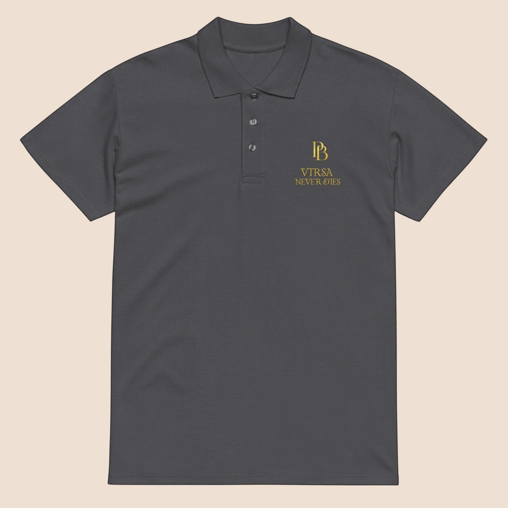 PUNJAB BOLDA charcoal grey pique polo shirt with gold VIRSA NEVER DIES embroidery, ribbed collar, and 3-button placket.