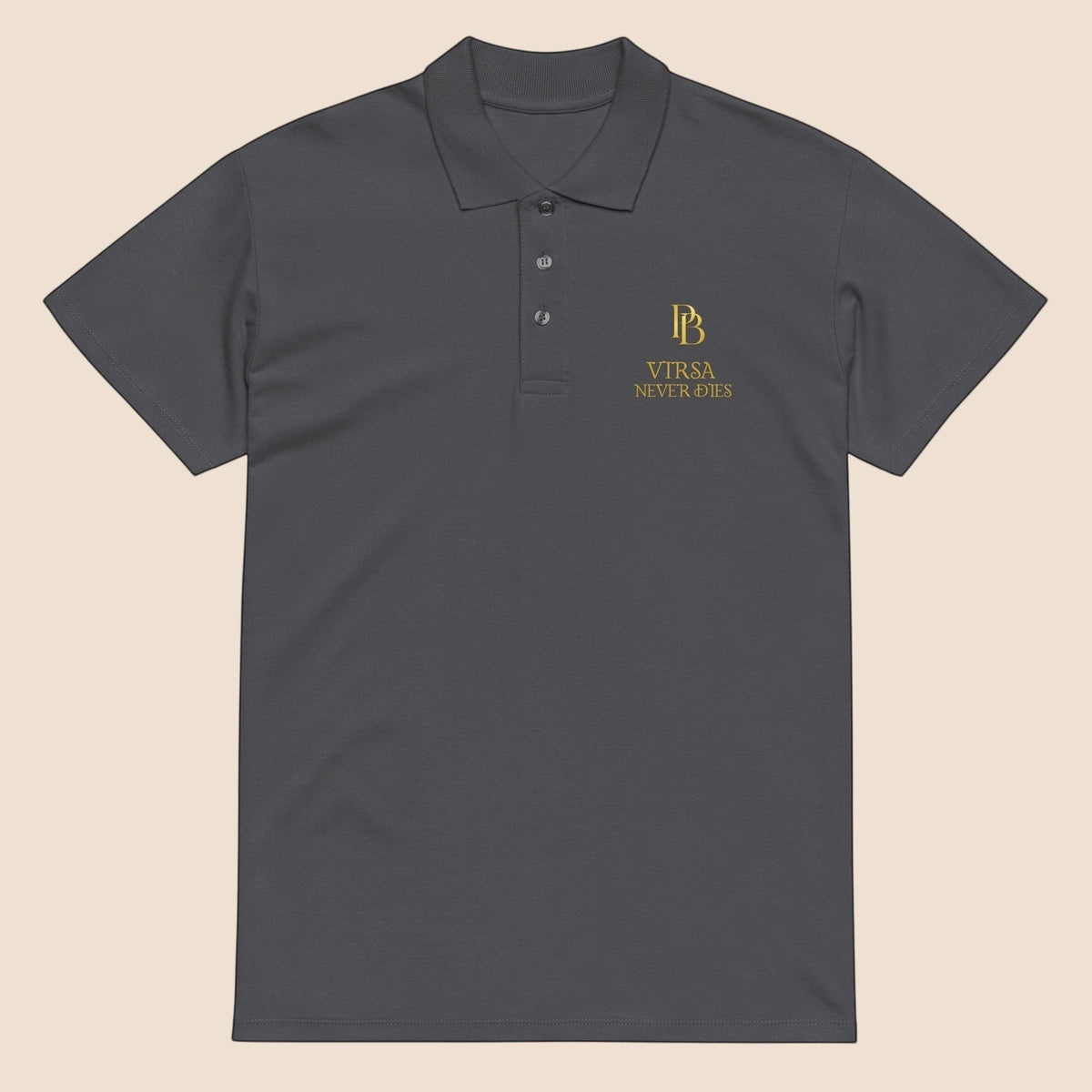 PUNJAB BOLDA charcoal grey pique polo shirt with gold VIRSA NEVER DIES embroidery, ribbed collar, and 3-button placket.