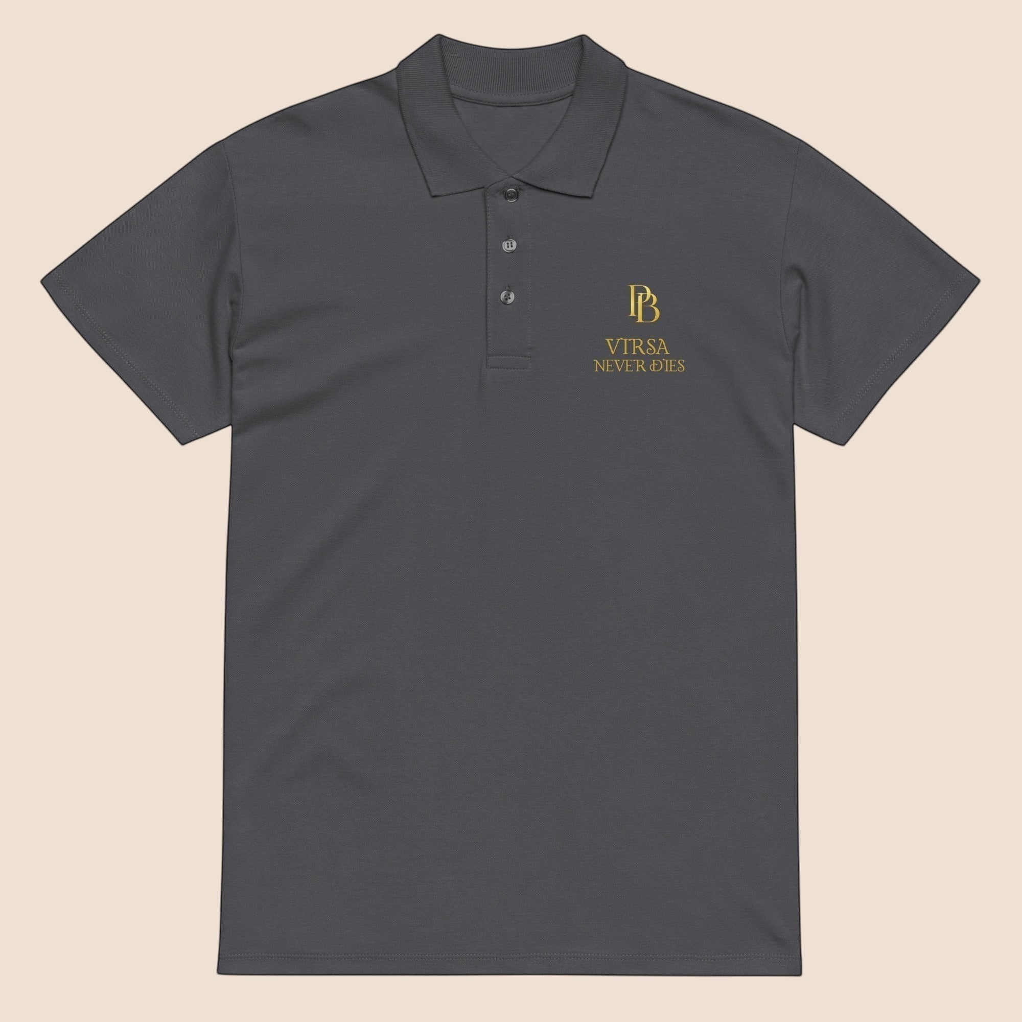 PUNJAB BOLDA charcoal grey pique polo shirt with gold VIRSA NEVER DIES embroidery, ribbed collar, and 3-button placket.
