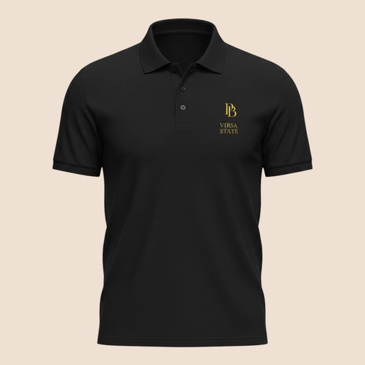 PUNJAB BOLDA VIRSA STATE black pique cotton polo shirt with gold logo embroidery and three-button placket.