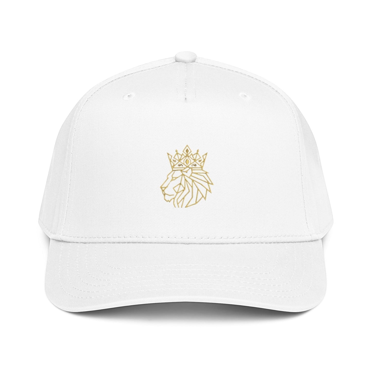 PUNJAB BOLDA white 5 panel cap with embroidered gold lion wearing a crown on the front. Made of polyester and cotton.
