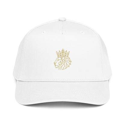 PUNJAB BOLDA white 5 panel cap with embroidered gold lion wearing a crown on the front. Made of polyester and cotton.