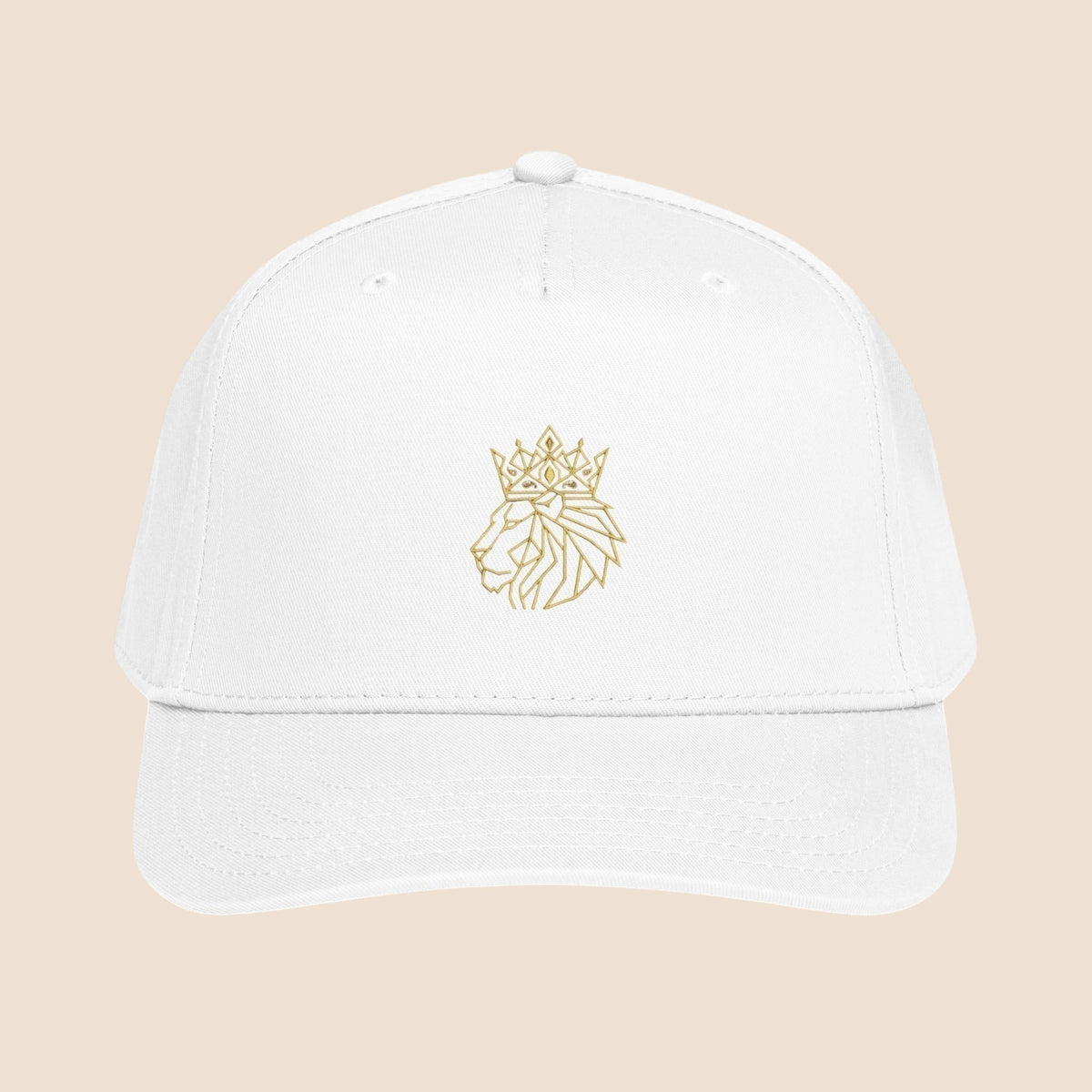 PUNJAB BOLDA white 5 panel cap with embroidered gold lion wearing a crown on the front. Made of polyester and cotton.