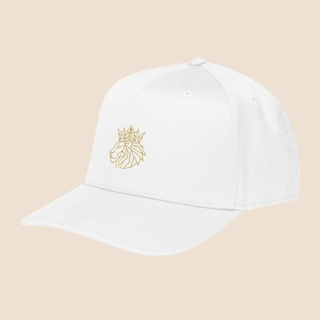 PUNJAB BOLDA white 5 panel cap with gold embroidered crowned lion logo on front. Polyester-cotton blend.