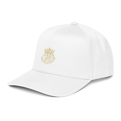 PUNJAB BOLDA white 5 panel cap with gold embroidered crowned lion logo on front. Polyester-cotton blend.