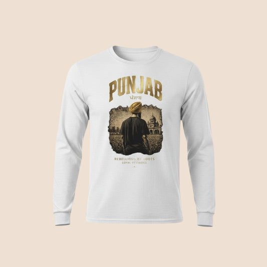 PUNJAB BOLDA white long sleeve cotton shirt featuring a graphic of a man in a turban with the text Rebellious by Roots