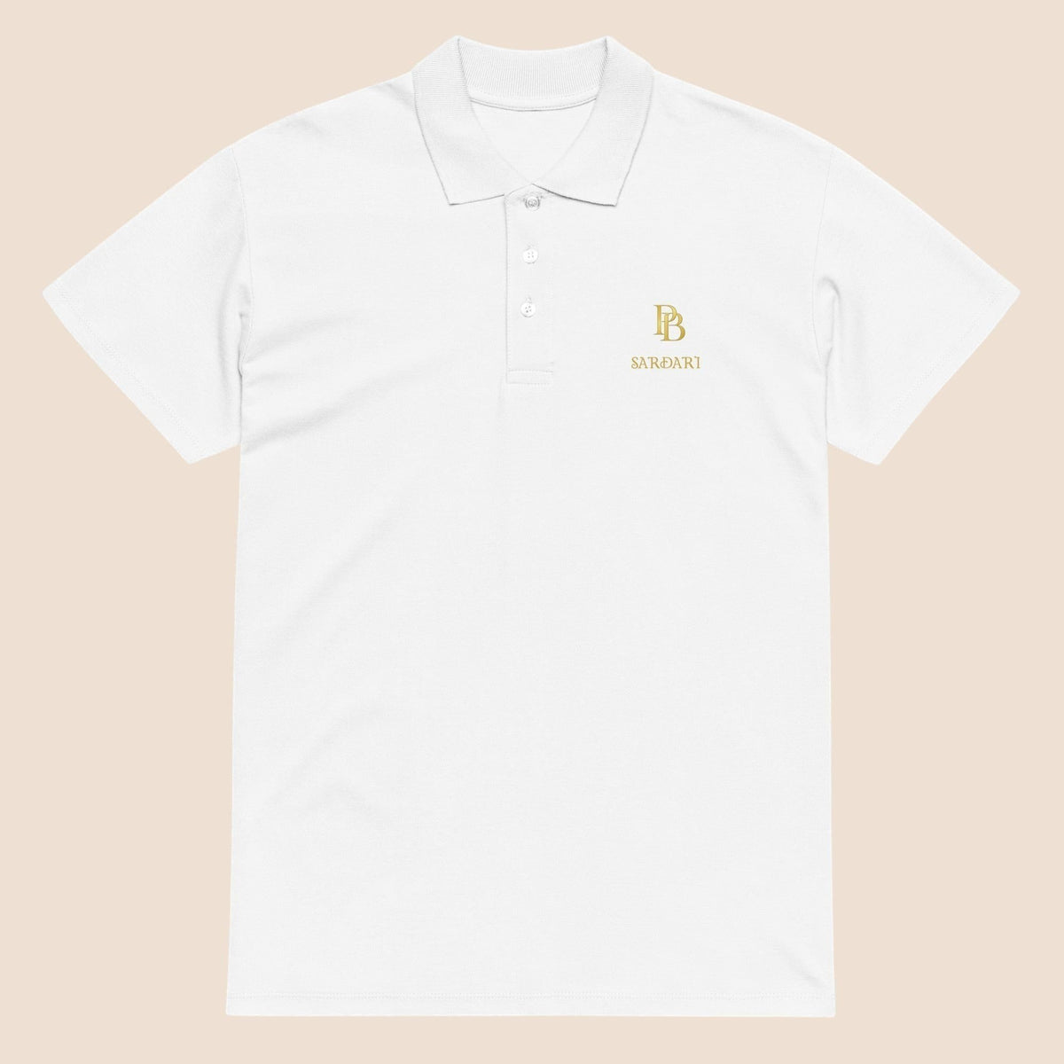 PUNJAB BOLDA white SARDARI premium pique cotton polo shirt with ribbed collar and gold logo embroidery.
