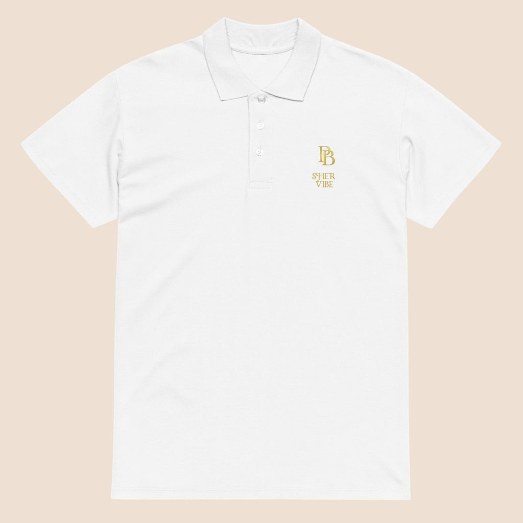 PUNJAB BOLDA white pique cotton polo shirt with gold embroidered SHER VIBE logo and three-button placket.