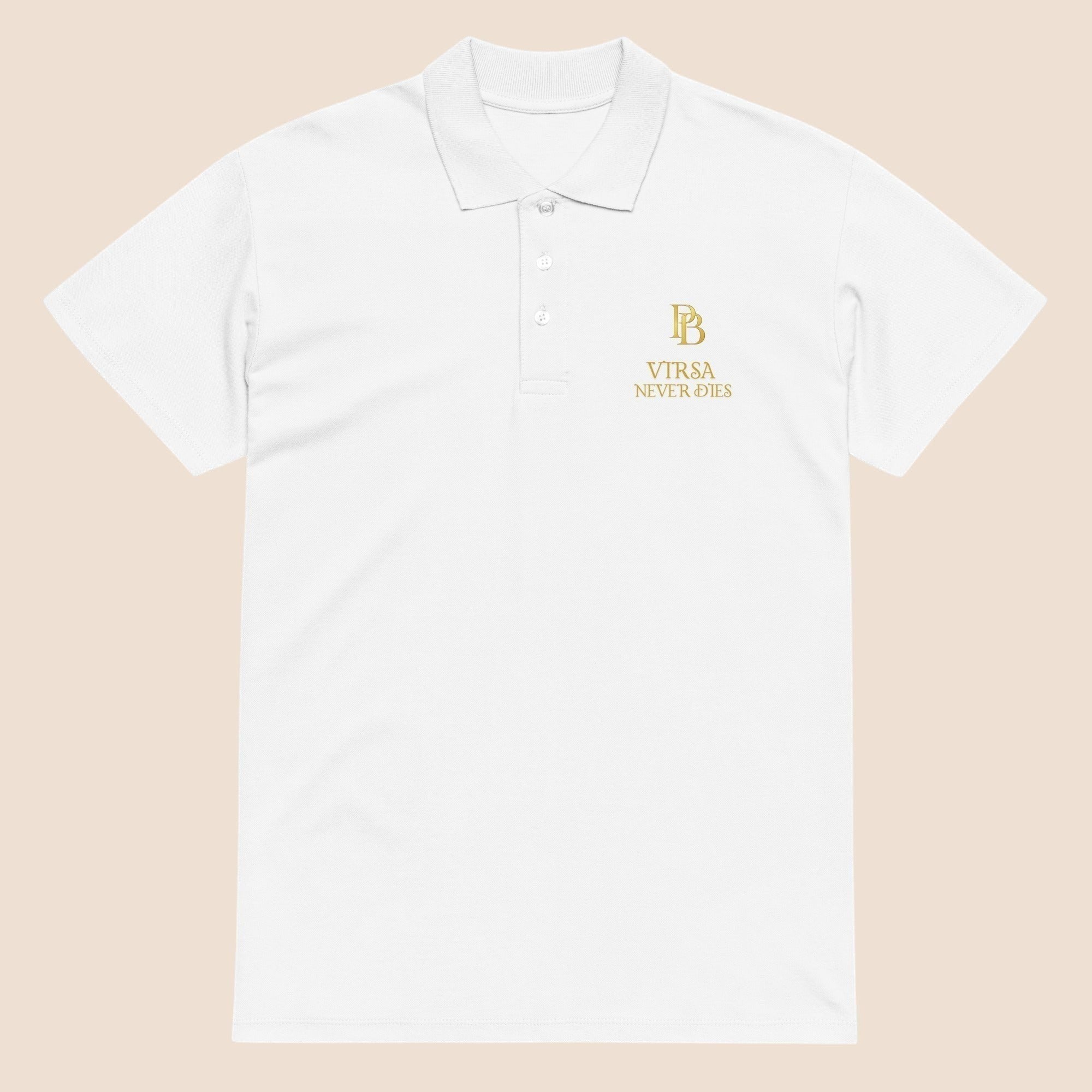 PUNJAB BOLDA white cotton pique polo shirt with gold VIRSA NEVER DIES embroidery and 3-button placket.